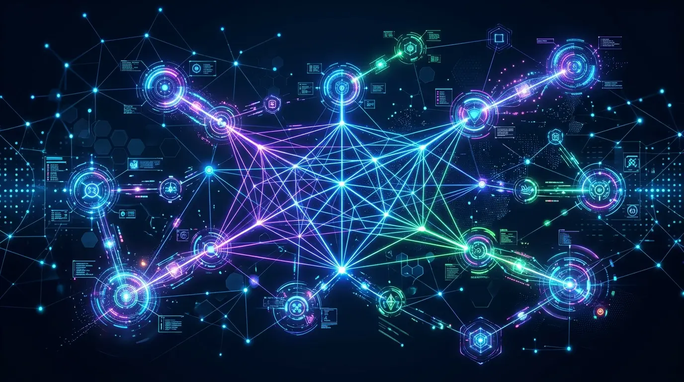 Autonomous AI Agent Network showing interconnected nodes and holographic interfaces.