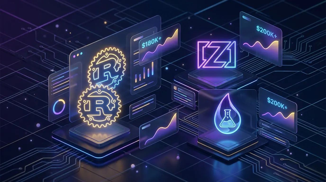Glowing symbols of Rust, Zig, and Elixir representing high-paying specialized languages in 2026 with salary statistics.